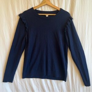 J. Crew Navy Blue Wool Sweater w/Ruffle Detail on Shoulders.Cute & Feminine Sz L